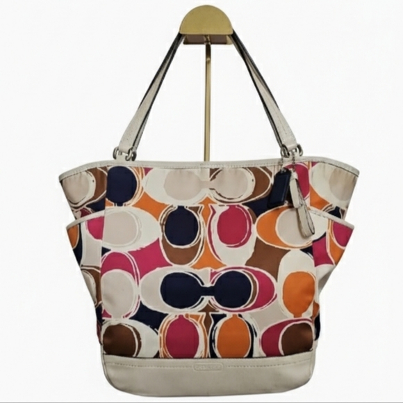 Coach Handbags - Coach 2013 Muticolor Part Op Ast Satin and Leather Carrie Tote